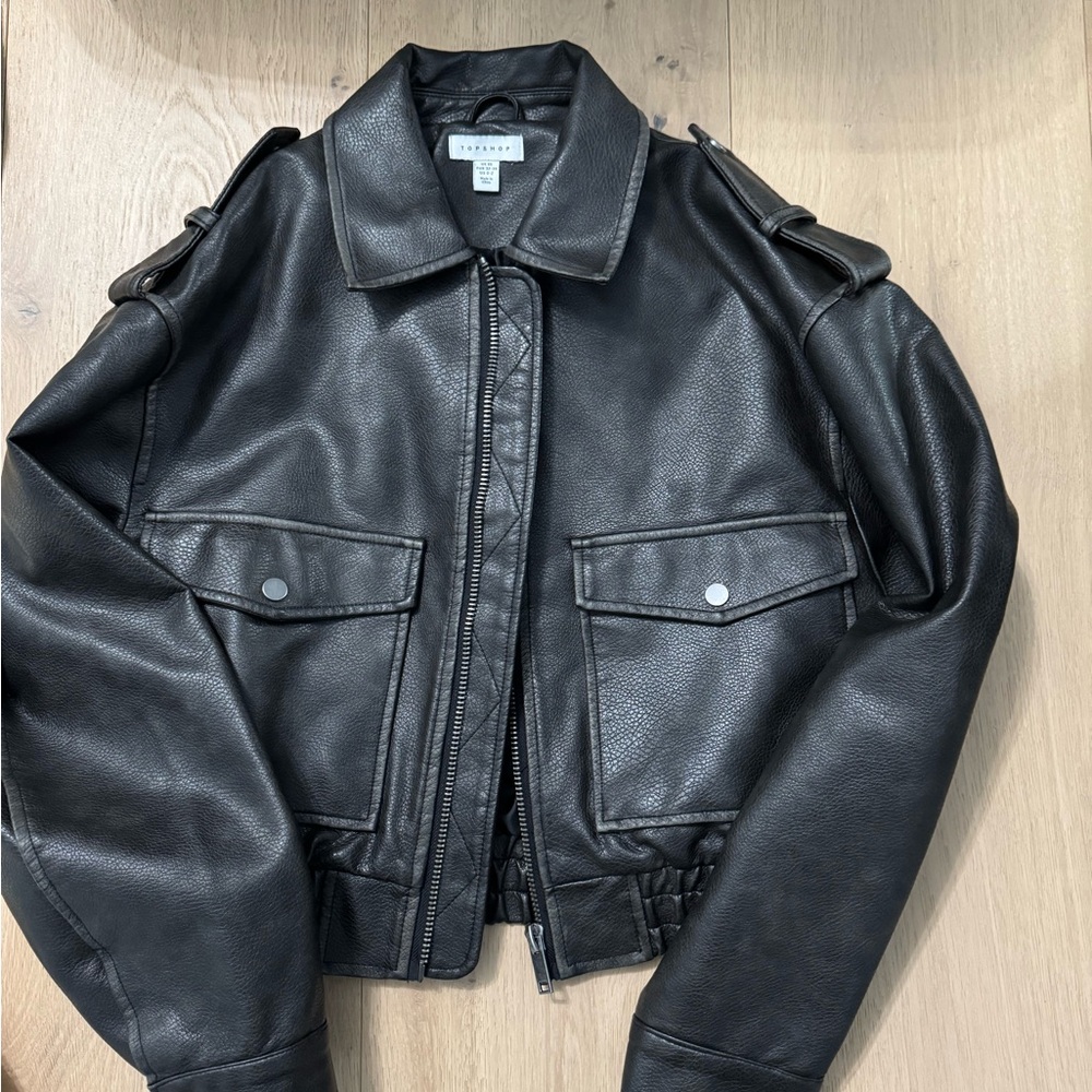 Topshop Grey/brown faux leather oversized Jacket